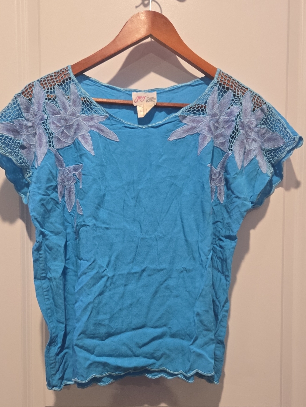 Vintage Jypsy Turquoise Blue Floral Lace-Shoulder Short Sleeve Top